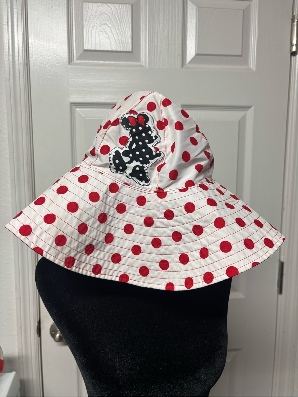Disney White Sun Hat with Red Polka Dots and Black Minnie Accent